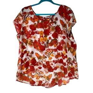 CATO Hi-Low Floral Blouse Womens XL Red Yellow Top Shirt Boho Cap Short Sleeve